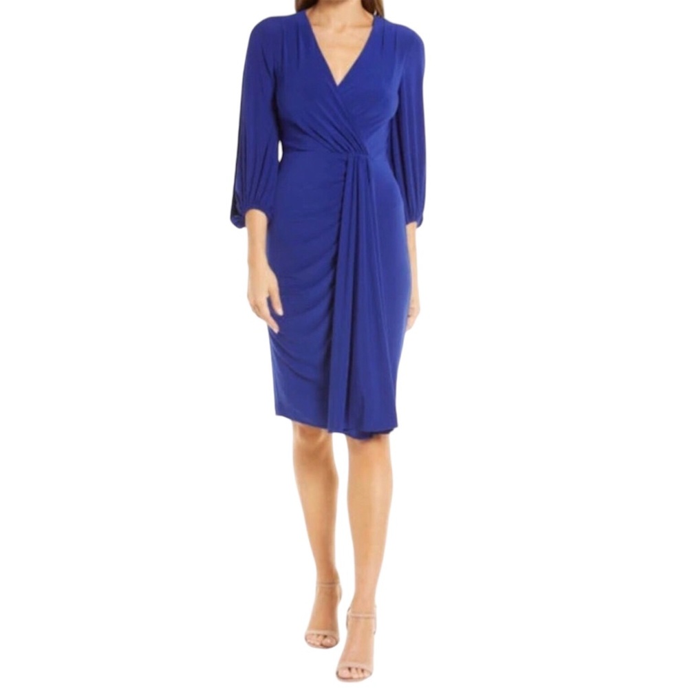 Eliza J Royal Blue Faux Wrap Dress V Neck Jersey Knit Size 6